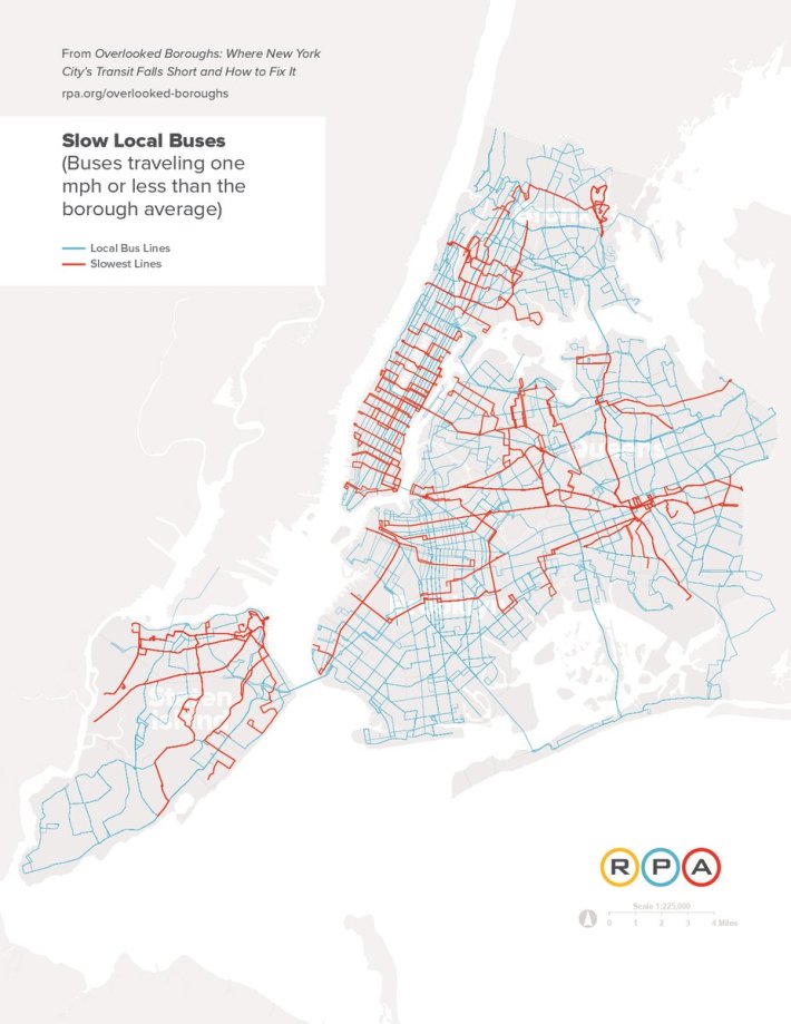 New York City's buses are the slowest in the nation. This map shows where buses are traveling at below-average speeds. Image: RPA