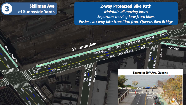 The westernmost block of the proposal would connect cyclists to the Queensboro Bridge via Queens Boulevard. Image: DOT
