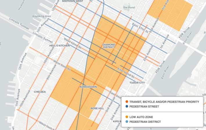 Instead of spending $50 million on 1,500 metal bollards, the city could pedestrianize crosstown streets for much less money. Pictured: the Regional Plan Association's map of potential car-free and limited access areas in Midtown Manhattan.