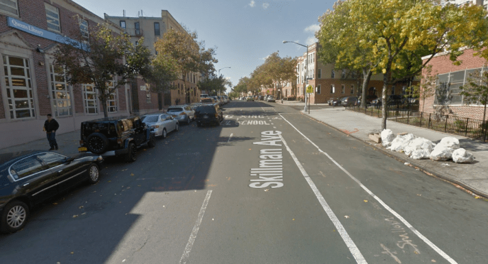 With a new expansion, not seen in this photo from 2014, P.S. 11 lets hundreds of students out on this crossing-less block of Skillman Avenue. Photo: Google Maps