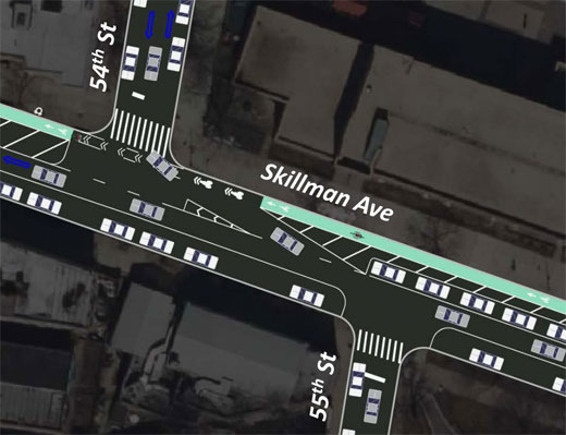 DOT's plan calls for "mixing zone" treatment at Skillman Avenue and 54th Street. Image: NYC DOT