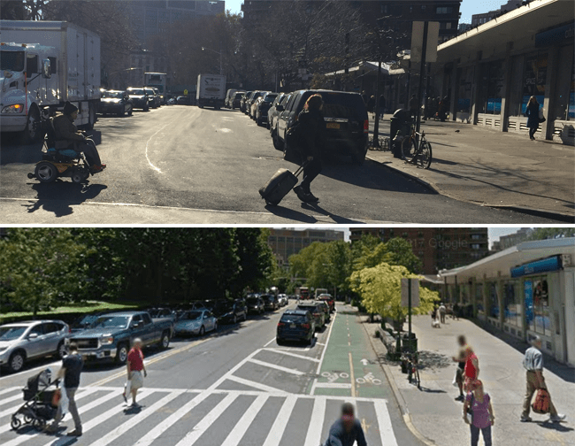 A before-and-after shot of Clinton Street with and without street markings.