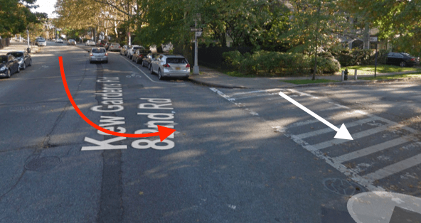 Kew Gardens Road at 82nd Road. The white arrow indicates the direction the victim was walking and the red arrow shows the approximate path of the driver, according to NYPD. Image: Google Maps