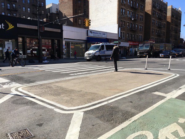 The redesigned Dyckman has made crossing the street safer. Electeds are ready to give it up to make it easier for drivers to double-park. Photo: Brad Aaron