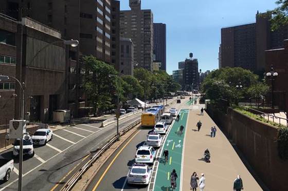 Rendering of the completed project, via City Hall, showing the bike lane lined with NYPD vehicles.