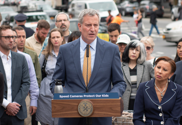 Mayor de Blasio speaking at 9th Street and Fifth Avenue in Park Slope this morning. Photo: Michael Appleton/Mayoral Photography Office