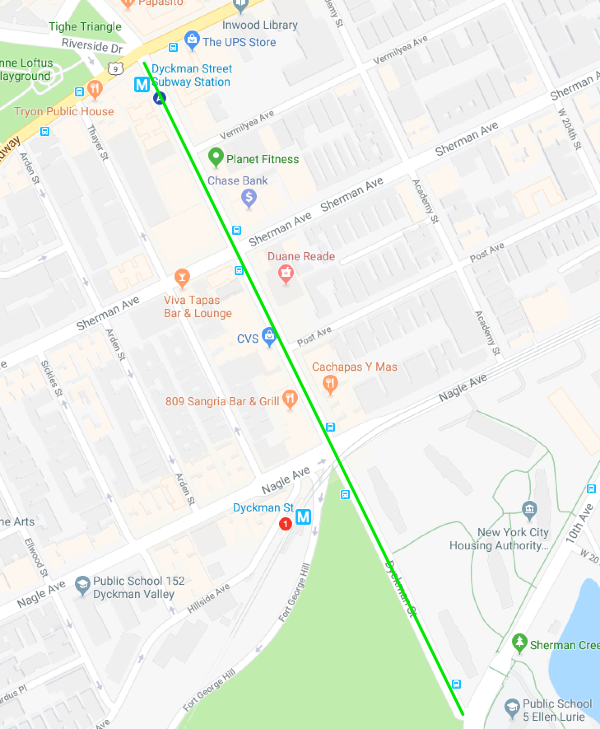 A bikeway on Dyckman’s north side would more than double the number of motor vehicle conflicts for eastbound cyclists. Image: Google Maps
