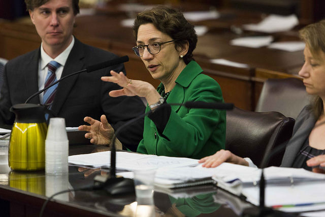 DOT Commissioner Polly Trottenberg testifying at City Hall. Photo: City Council/Emil Cohen