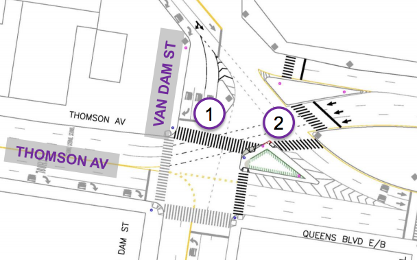 DOT plants to add new crosswalks at the dangerous multi-legged intersection of Queens Boulevard, Thomson Avenue, and Van Dam Street. Image: DOT