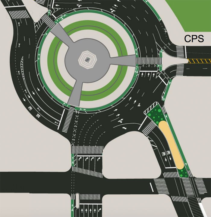The bike lane at Columbus Circle would loop around the inner public space, with cyclists using pedestrian signals to enter and exit. Image: DOT