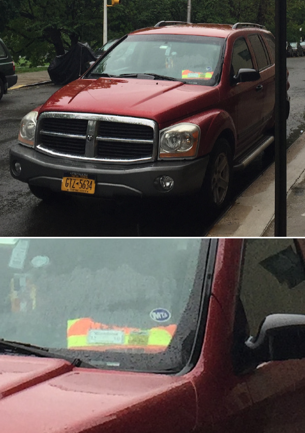 This recidivist Street Cheat and habitual law-breaker sports an MTA windshield sticker in addition to the vest, to make it extra-official.