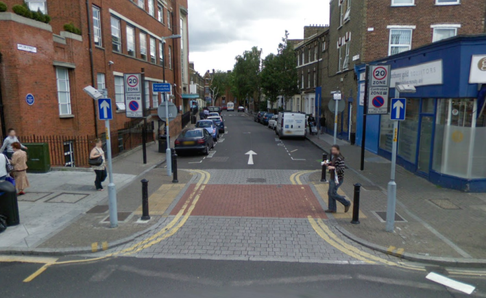London's neighborhood slow zones brought traffic-calming to neighborhood entrances like the one pictured here. Photo: Google Maps