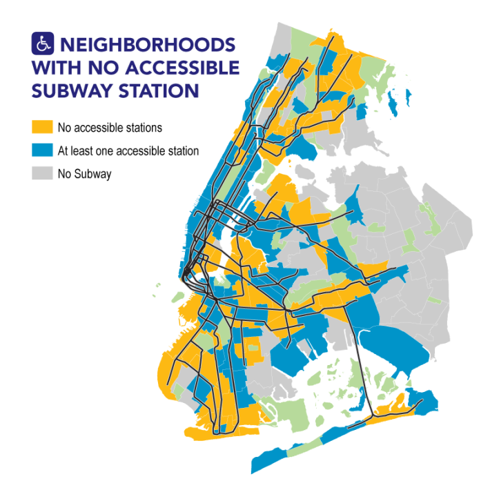 More than 600,000 senior citizens, children under 5, and mobility-impaired New Yorkers live in neighborhoods without elevator-accessible subway stations. Image: NYC Comptroller Scott Stringer