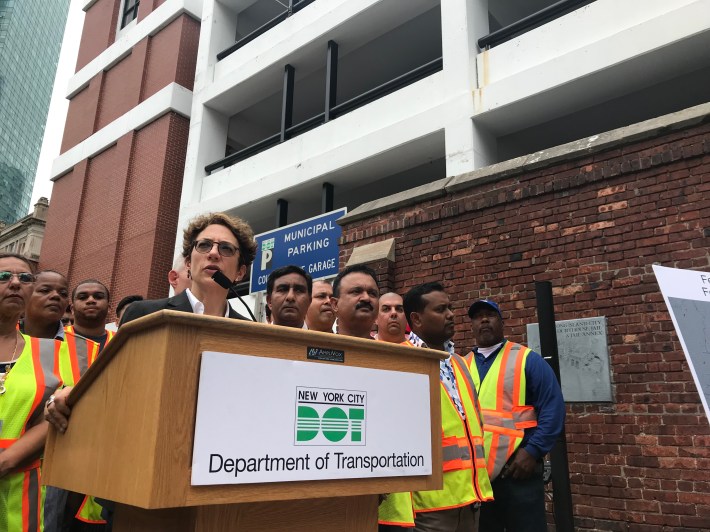 Department of Transportation Commissioner Polly Trottenberg, flanked by workers, called the end of speed cameras "a sad moment" and begged the State Senate to reconvene and pass an Assembly bill reauthorizing the city's speed camera program.