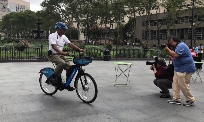 Brooklyn Borough President Eric Adams also likes the new electric Citi Bike. Photo: Gersh Kuntzman