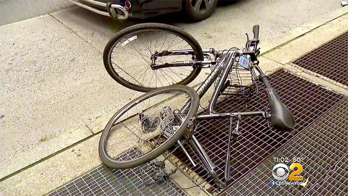 CBS2 captured the broken bike of Madison Lyden after she was run down and killed by a garbage truck driver last Friday on Central Park West. Photo: CBS2
