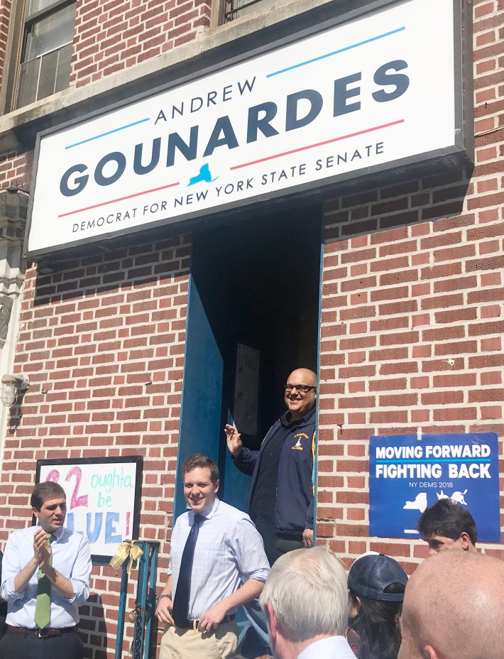 Defeated Democratic primary candidate Ross Barkan came out on Saturday to support primary winner Andrew Gounardes in his quest to unseat Republican State Senator Marty Golden. Photo: Gersh Kuntzman