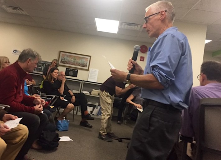 David Vassar read the statement from Madison Lyden's mom to Community Board 7's Transportation Committee before it voted unanimously in favor of a design for a protected bike lane on CPW. Photo: David Meyer