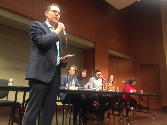 Council Member Mark Levine tries to defend a DOT street safety plan before an unwilling CB9. Photo: David Meyer