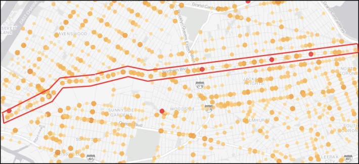 Thanks to fixes on Queens Boulevard, Northern Boulevard, with its many yellow dots for crashes and three red dots for fatalities, has become Queens's new "Boulevard of Death."