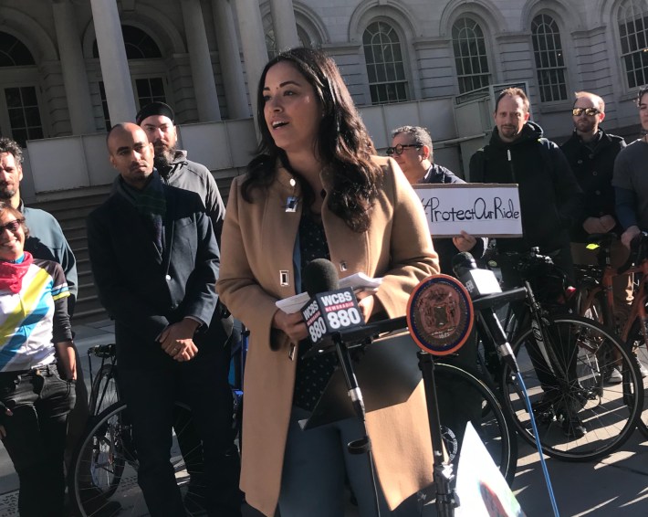 Council Member Carlina Rivera with advocates outside City Hall this morning. Photo: Gersh Kuntzman