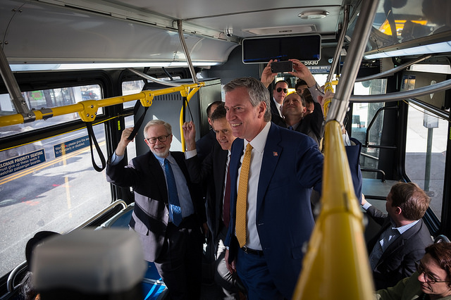 A very rare sight: Mayor de Blasio on a bus. Photo: Edwin J. Torres/Mayoral Photography Office