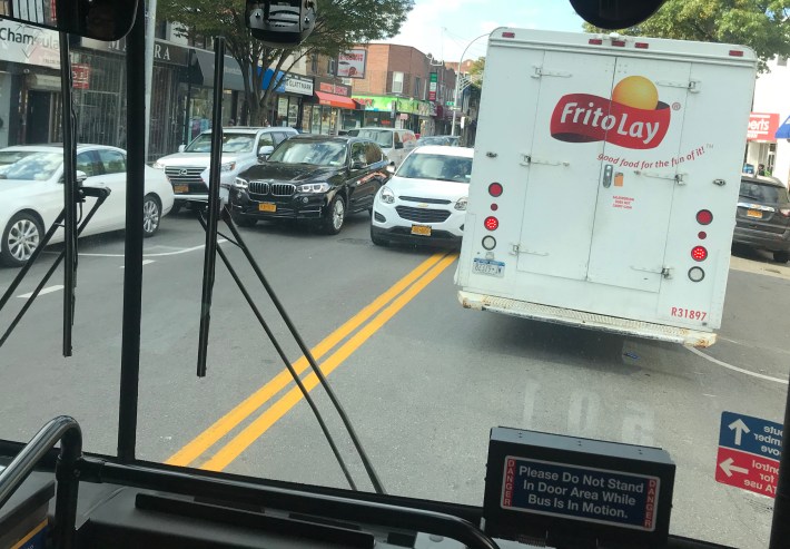 This one was unbelievable. The driver of the black SUV actually stopped directly across from the Frito-Lay truck, leaving literally no room for anyone to pass.