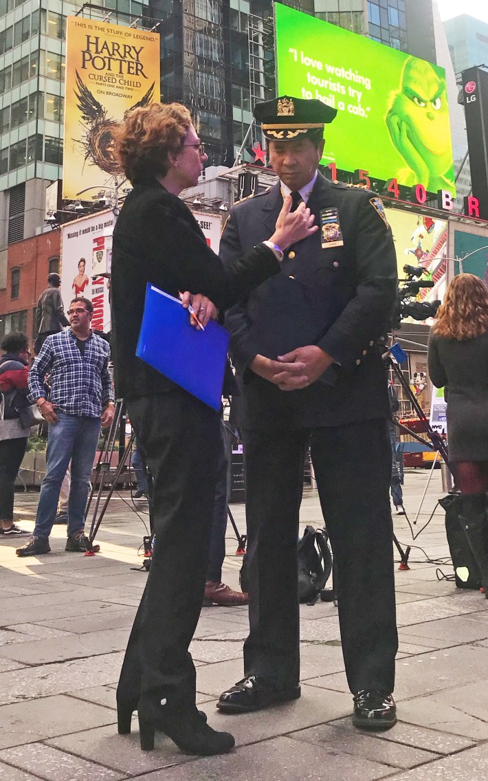 DOT Commissioner Polly Trottenberg chats with NYPD Transportation Inspector Thomas Chan on Wednesday. Photo: Gersh Kuntzman