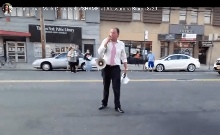 Here's Council Member Mark Gjonaj chanting, "Shame! Shame!" in the middle of the street last year to protest traffic safety improvements to Morris Park Avenue.