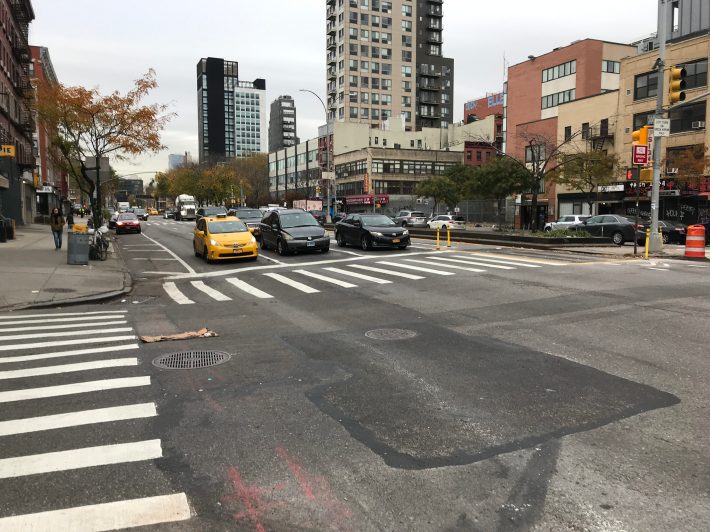 Drivers are once again stopping where they are supposed to stop: At the very western end of the Delancey and Allen intersection. Photo: Gersh Kuntzman