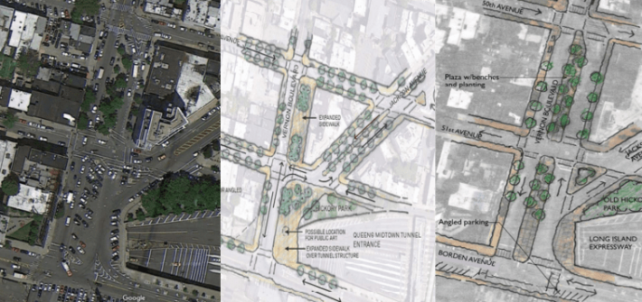 Possible redesigns of the area above the Vernon-Jackson subway station. Image: DOT/DDC
