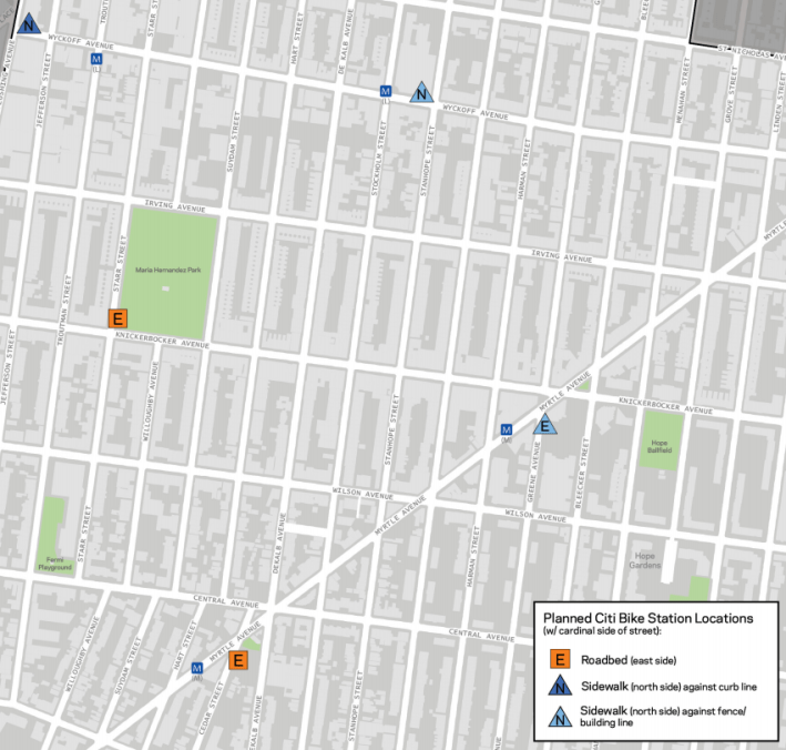 The five new bike-share stations coming to Bushwick. Image: DOT/Motivate