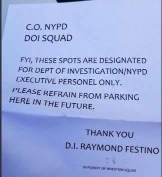 This is the note that Deputy Inspector Raymond Festino left on an illegally parked state car. Photo: @placardabuse