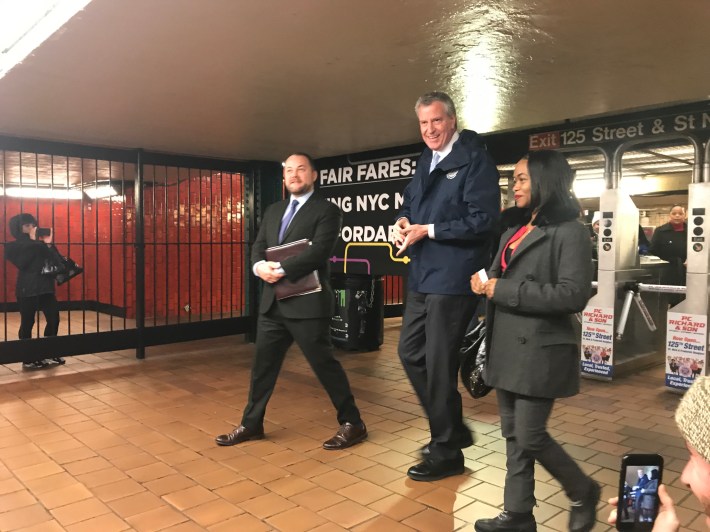 For the record, Mayor de Blasio did not take the subway to or from his Friday press conference in the subway. But he did have a photo op of him entering the station. Photo: Gersh Kuntzman
