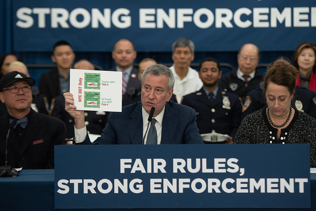 Here was Mayor de Blasio in February claiming to crack down on placards. Photo: Michael Appleton/Mayoral Photography Office