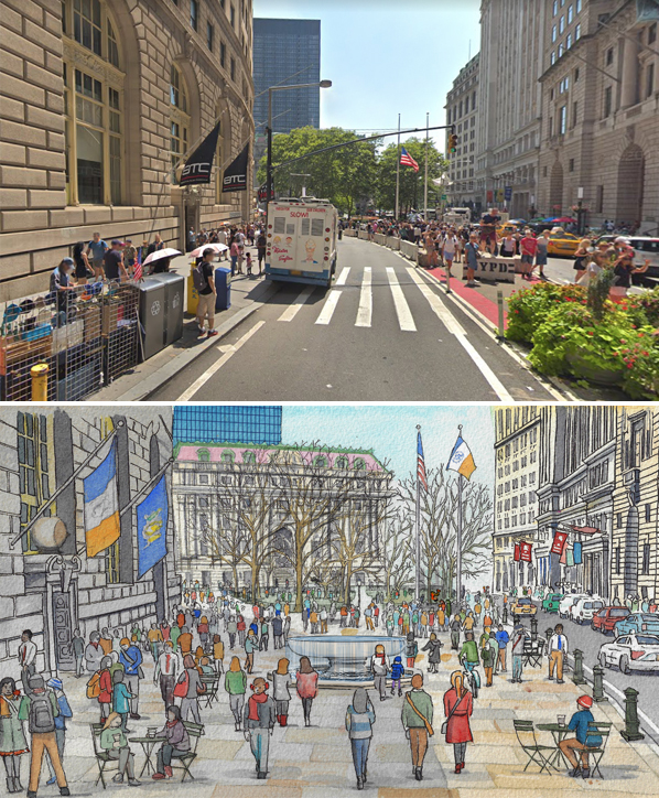 Bowling Green (left, current) and the Wall Street Bull (unpictured) would finally accommodate the pedestrian hordes (right). Photo: Google; 2018 Massengale & Co LLC, rendering by Gabrielle Stroik Johnson.