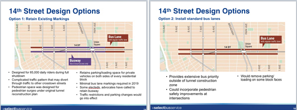 Officials pointed out flaws with the Busway (left), but not with the traditional SBS bus lane. Photo: MTA/DOT