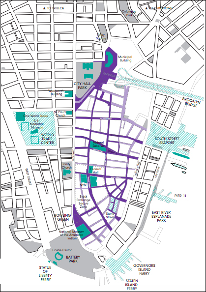 The Financial District group envisions many streets being transformed into shared spaces for pedestrians, cyclists and cars — with 5 mph speed limits.