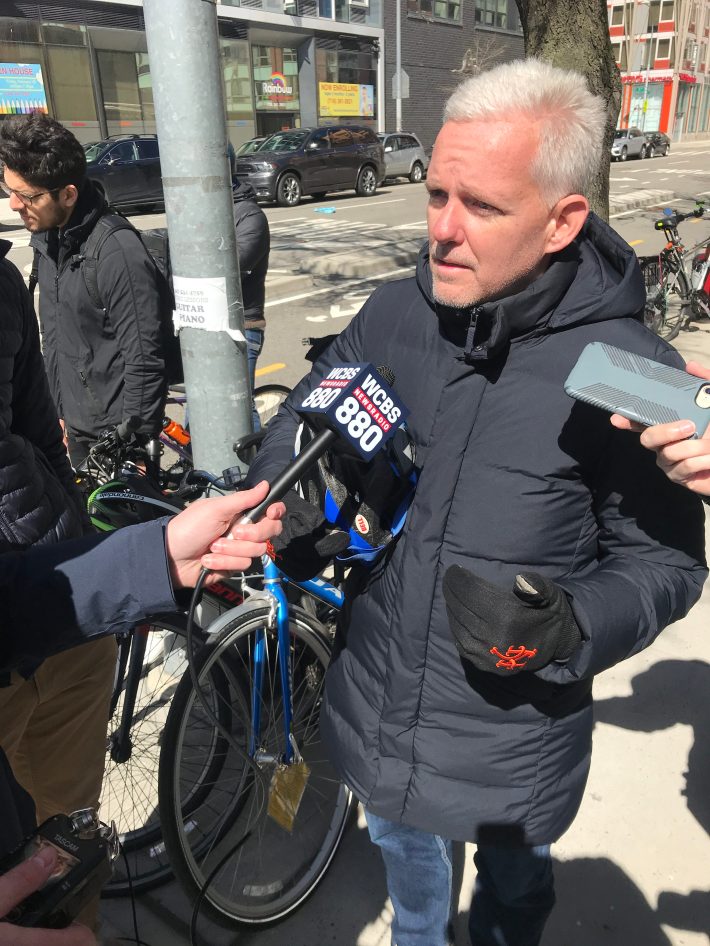 Council Member Jimmy Van Bramer, seen here at a vigil for a dead cyclist earlier this year, says the DOT could make the Queensboro Bridge safer with more space for cyclists and pedestrians. Photo: Gersh Kuntzman