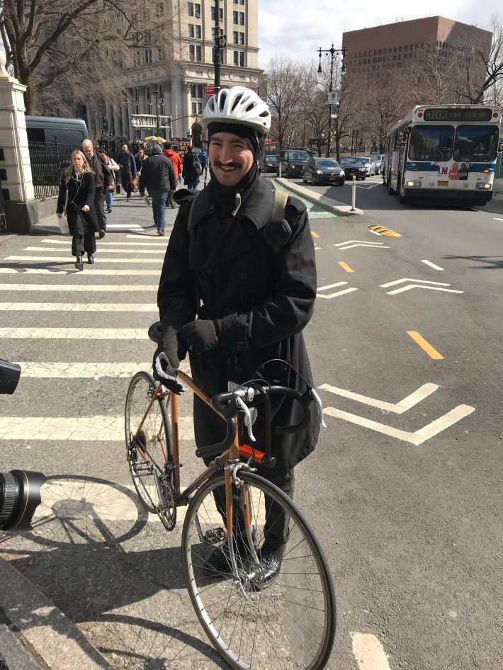 If amNY reporter Vin Barone ever dies on his bike, please use this photo of him preparing for a ride from City Hall on his Motobecane. Photo: Gersh Kuntzman. 3-12-19