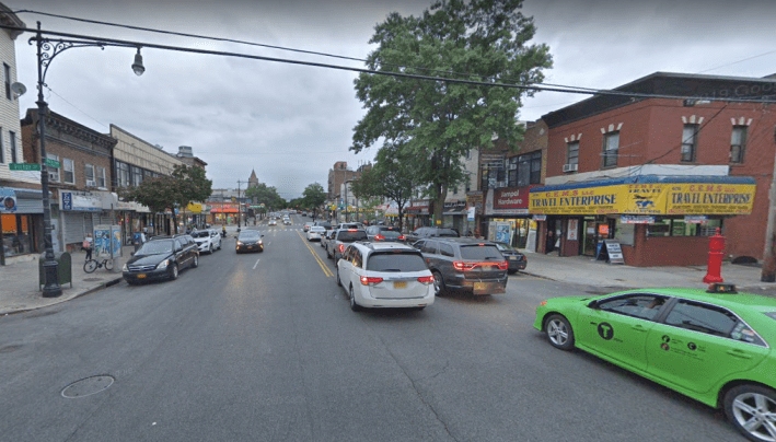 Double-parked cars frequently cause tie-ups on Morris Park Avenue. Photo: Google