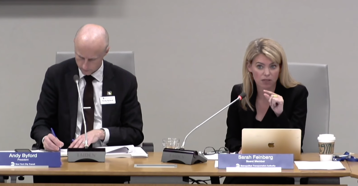 Governor Cuomo recently nominated former federal rail official Sarah Feinberg, right, to the MTA. Feinberg now chairs the board's transit committee. Video still via MTA