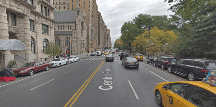 Current conditions on Central Park West could be altered to create protected bike lanes on both sides of the two-way road — or an extra-wide two-way lane on the northbound side. Photo: Google