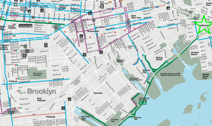 On the 2019 NYC DOT Bike Map, the purple and blue lines indicate bike lanes but they offer no physical protection.