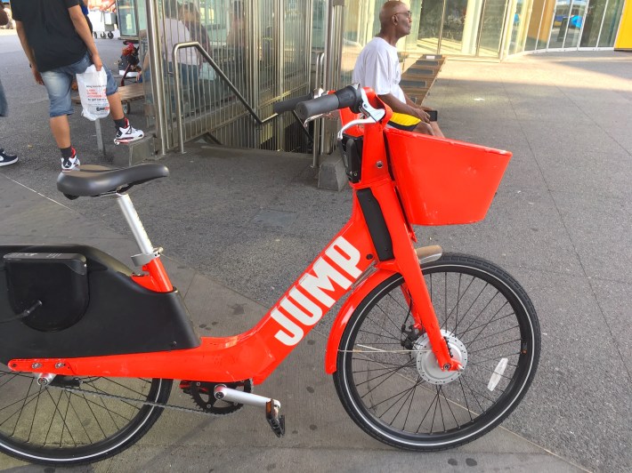 A jump bike at Fordham Plaza. The Jump bike program is being dismantled this summer, according to a report.Meanwhile, the Bronx won't likely get its Citi Bikes for four years. Photo: Eve Kessler
