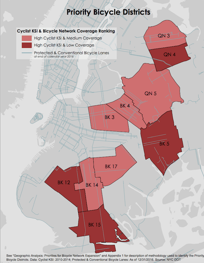 The community boards ID'd by the Department of Transportation as badly in need of more bike lanes. (Safety Cycling Report)