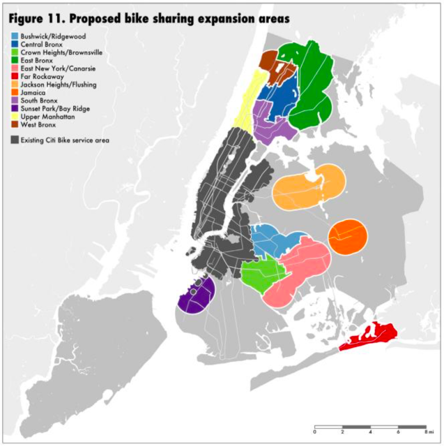 Here's where Citi Bike should expand, according to a formula that seeks to prioritize help for the less fortunate and maximizing access to transit. Chart: New York Communities for Change.