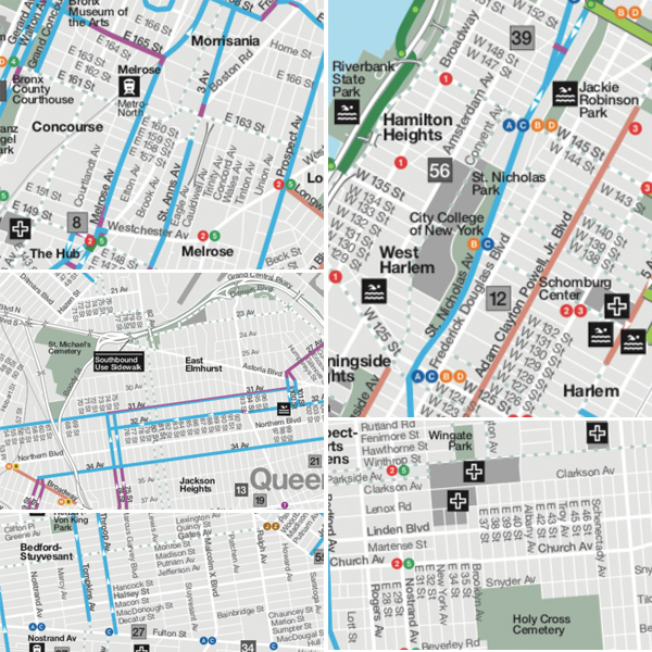 Remember: Green lines are protected bike lanes. Anything else is just paint. (Clockwise from top left: a portion of the central Bronx, Washington Heights, Crown Heights, Bedford-Stuyvesant, and Corona and Elmhurst.