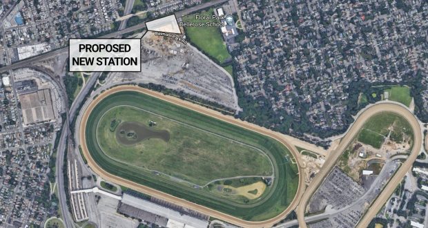 The arena would be built on the parking lot at the bottom left corner of this photo, next to the existing LIRR station, even though the new train station would be built a great distance away, requiring shuttle buses.