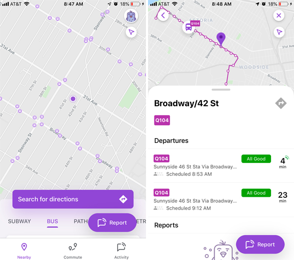 The left photo shows all the buses. But you only see the route when you click on one. Photos: Google